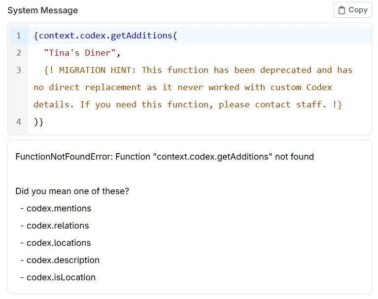 An example of a prompt message with a "Function not found" error