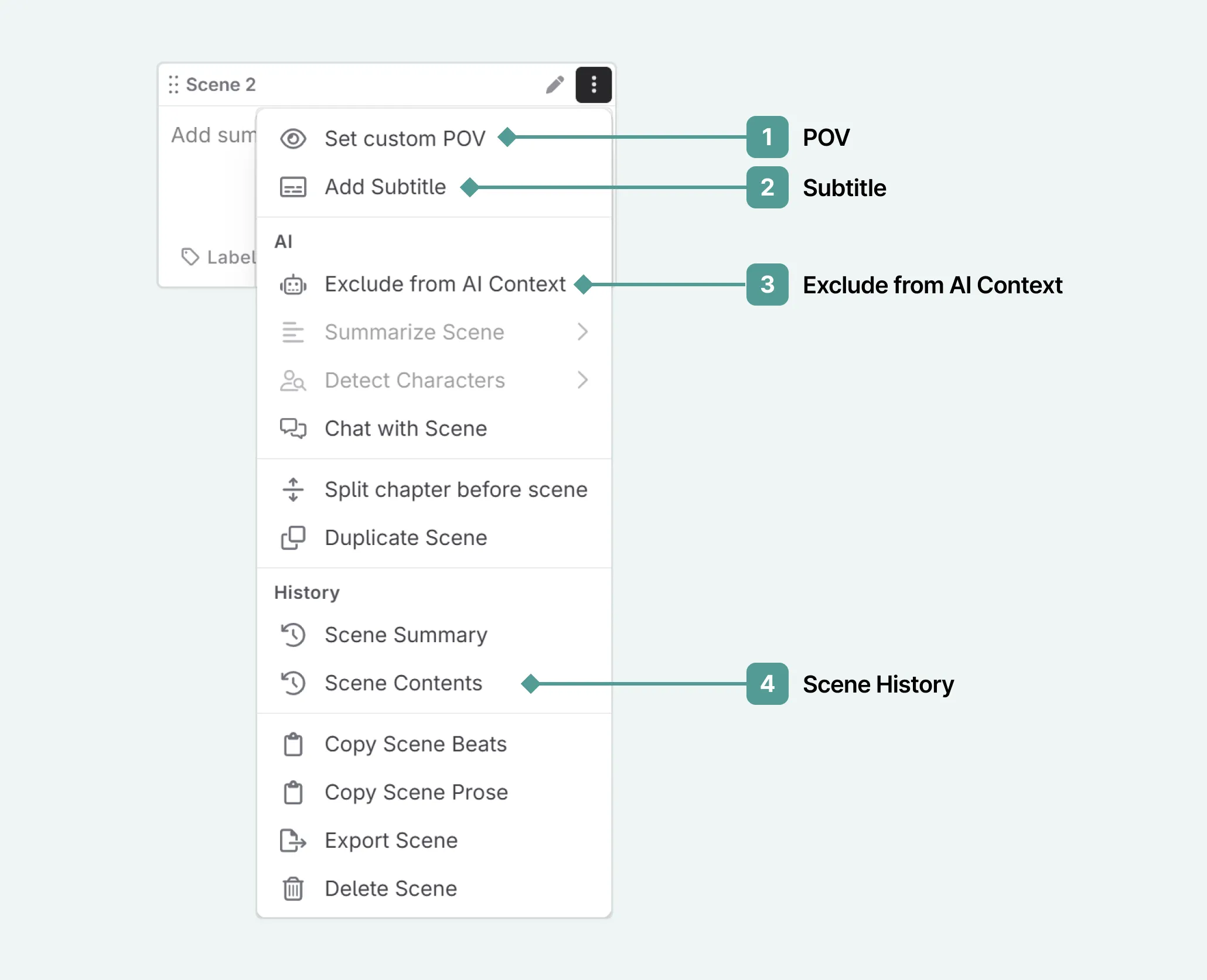 Anatomy of the actions menu on the scene level.