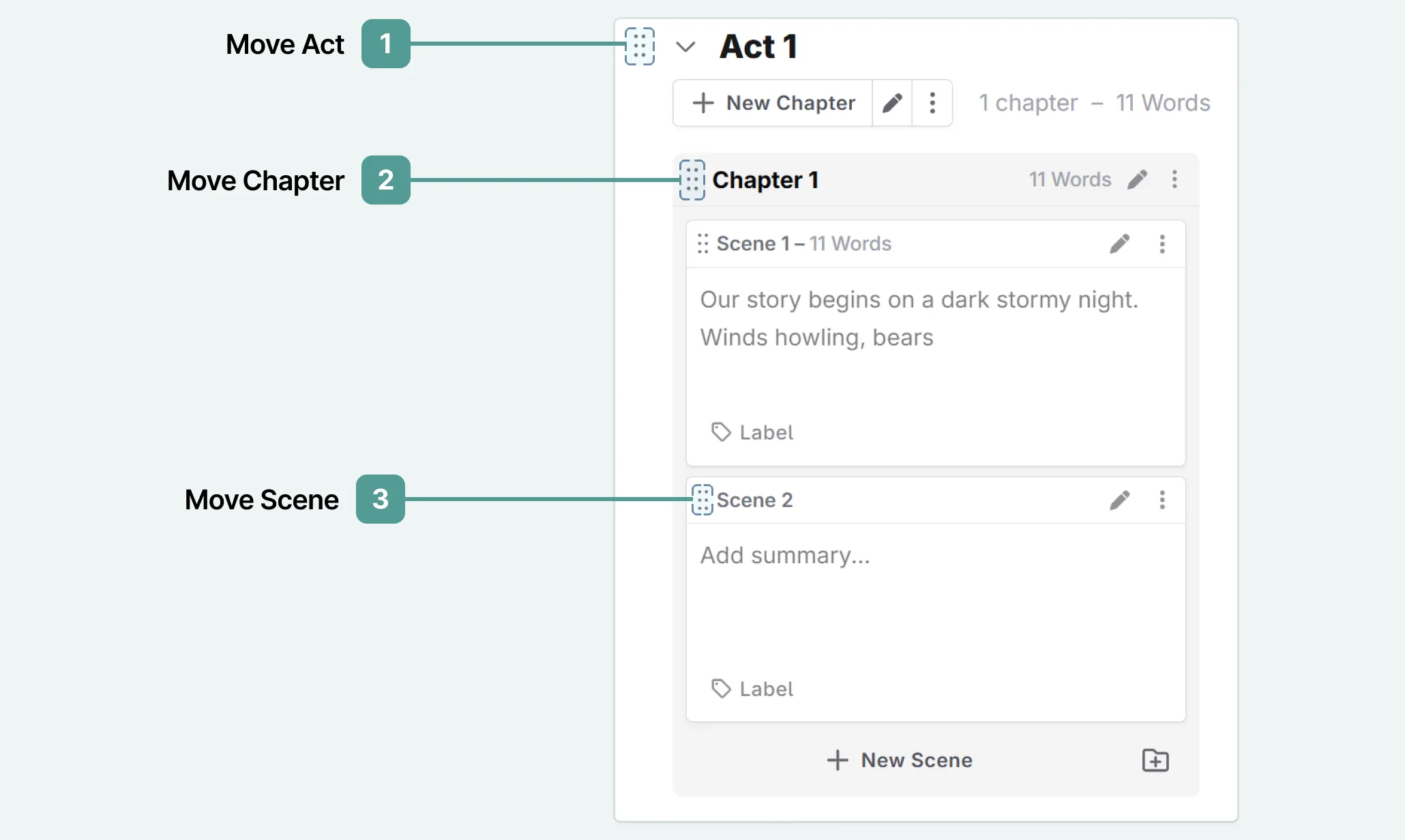 How to move your acts/chapters/scenes in Novelcrafter.