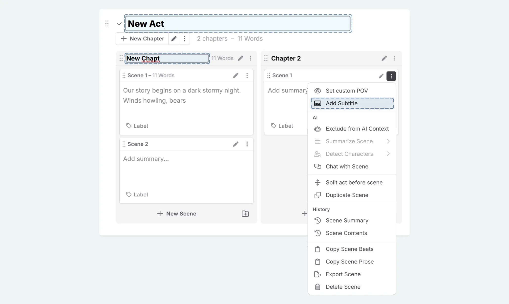 How to rename your act/chapter or to add a subtitle to the scene.