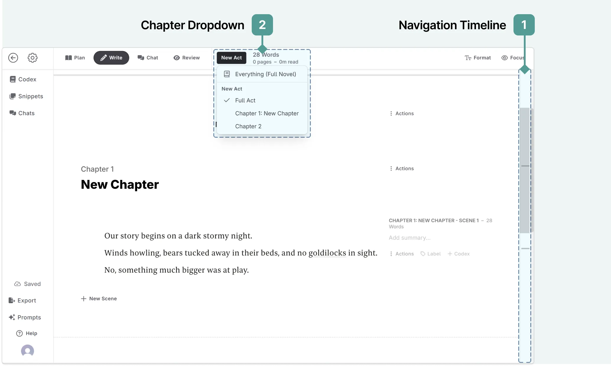 Navigation between chapters in the write mode