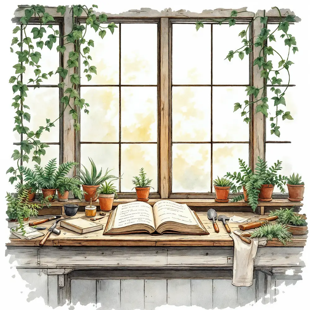 A greenhouse background with a book lying on a table