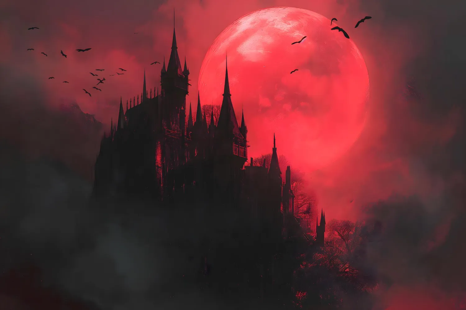 A dark castle on a red background, with bats flying in the sky.