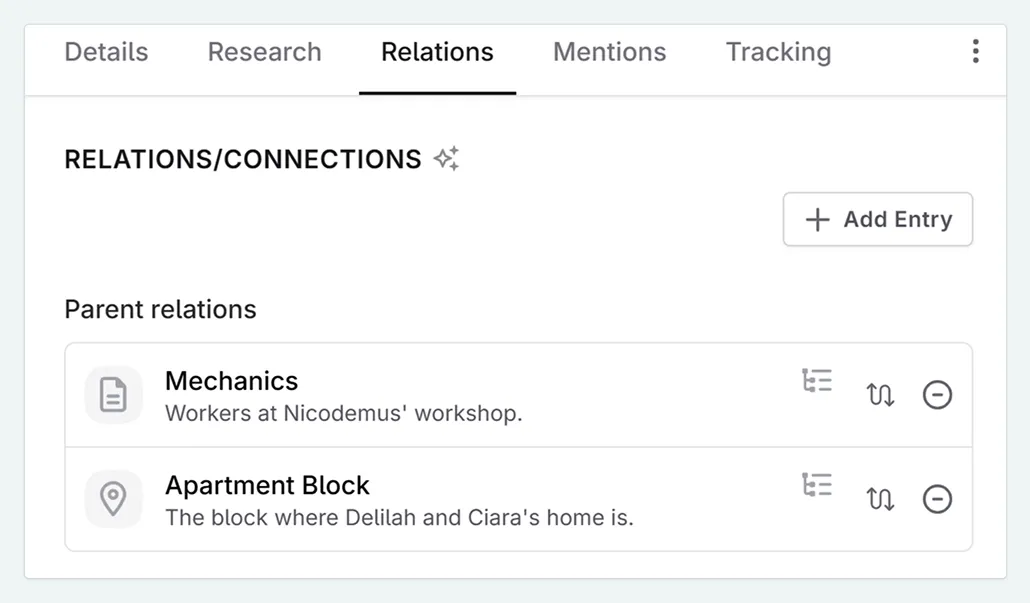The relations panel of a Codex entry