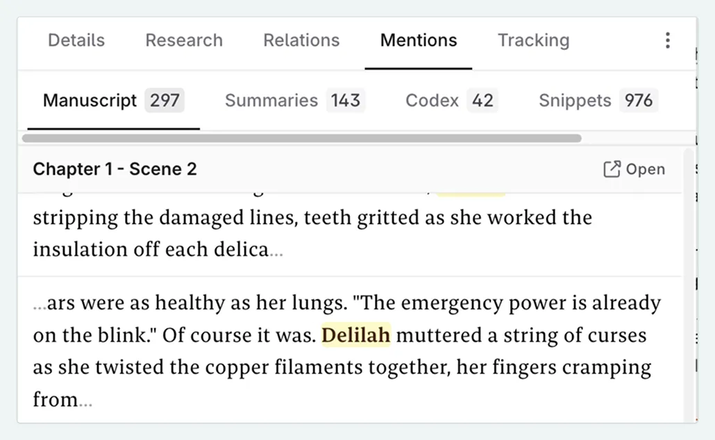 The mention tab of a Codex entry