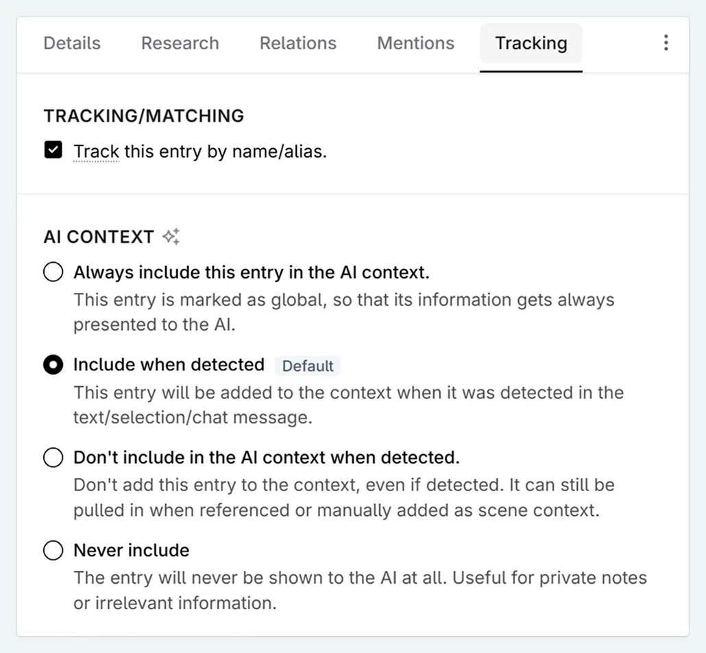 The tracking panel of a Codex entry
