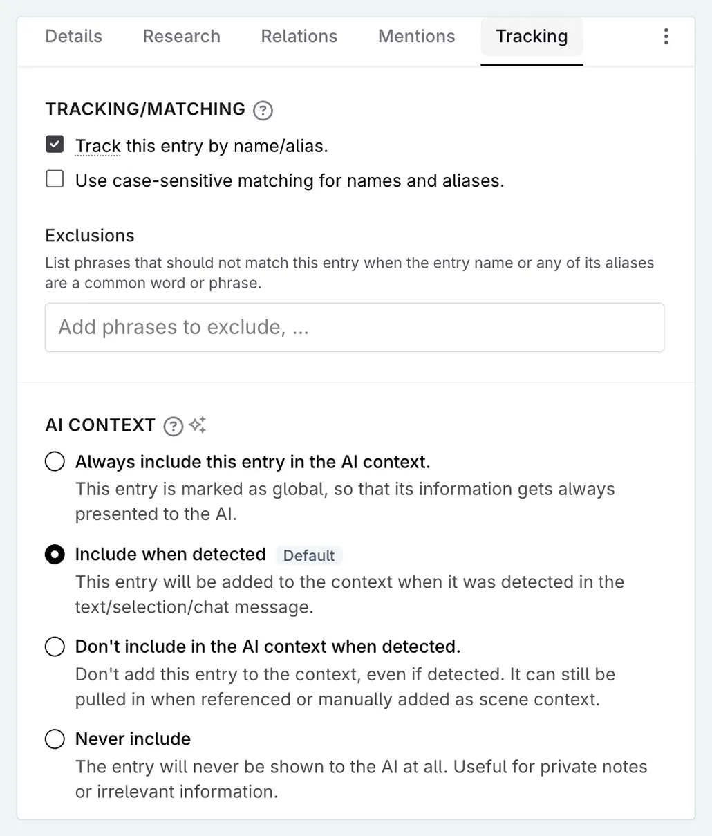 The tracking tab of a Codex entry