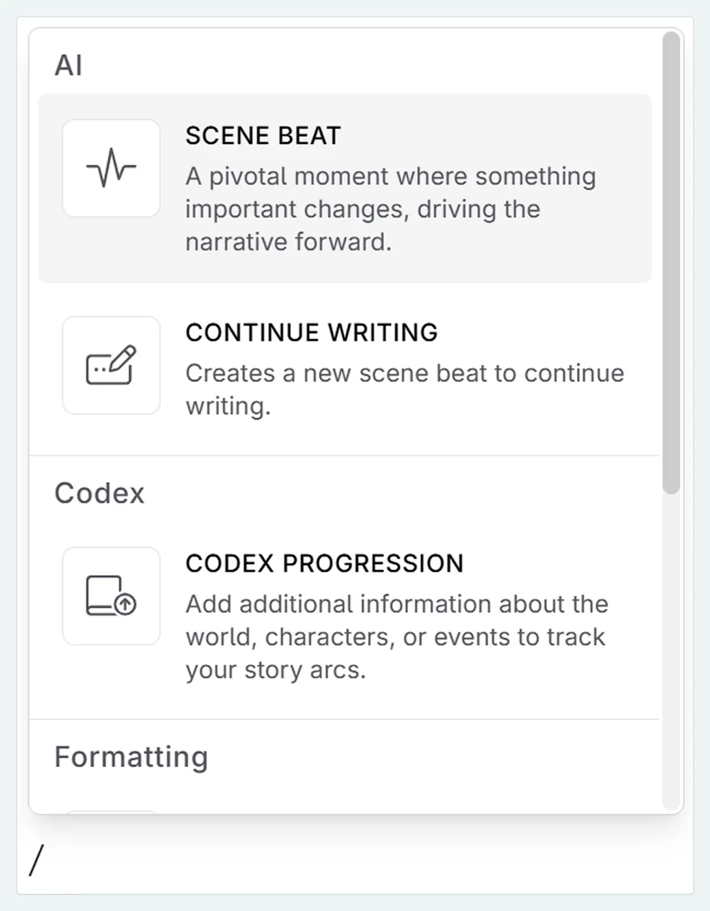 The slash menu in the manuscript of Novelcrafter