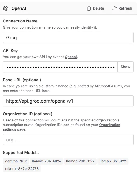 Groq connection details