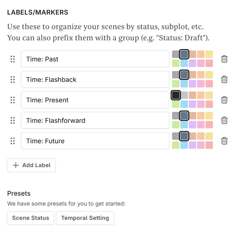 Labels for temporal setting