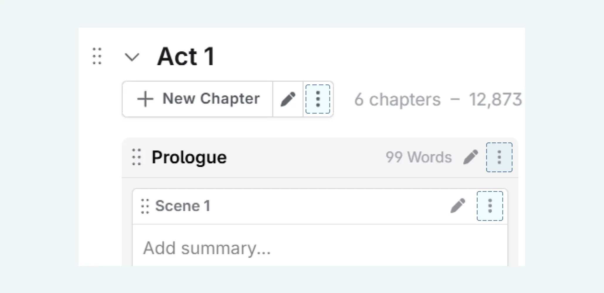 Action menu in the act/chapter/scene