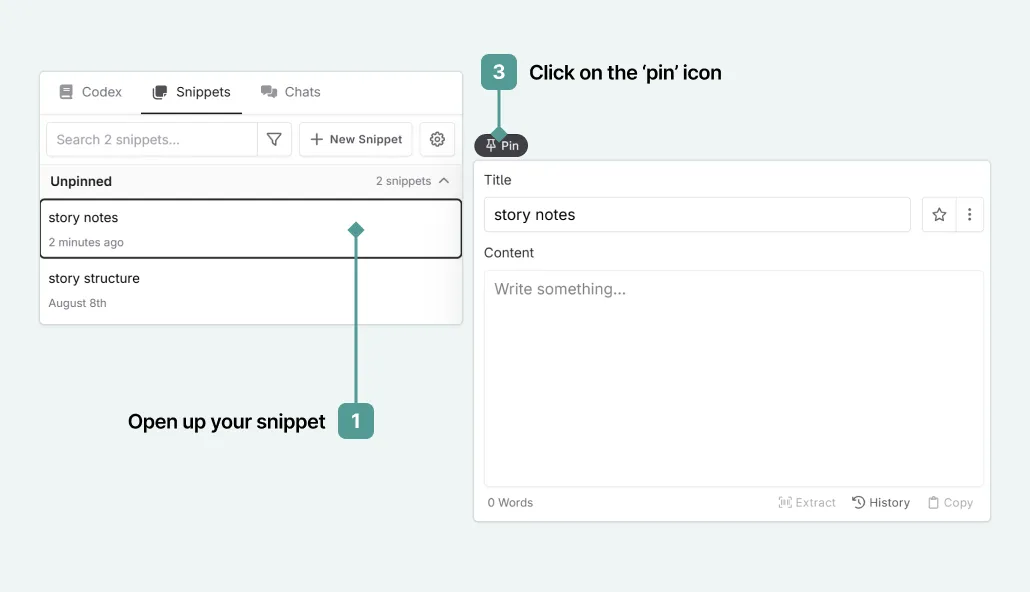 how to pin snippets in Novelcrafter