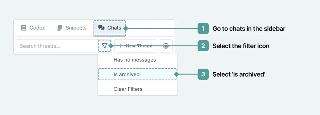 how to unarchive chats in Novelcrafter