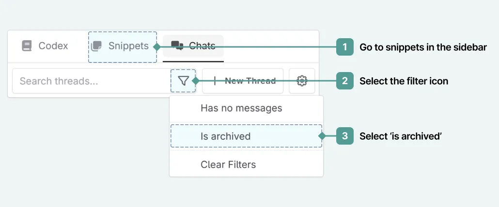 how to unarchive snippets in Novelcrafter